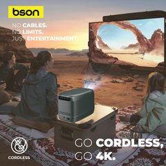 BSON Cordless 4K projector with 260 ANSI brightness, Android 11 system, electronic focus, and a 30000mAh battery offering up to 3 hours of portable viewing.