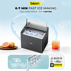 Freezy Ice Maker – Countertop Ice Machine with Multiple Bullet Ice Sizes, 6–7 Minute Quick Cycle, 9 Ice Bullets per Batch, Large Capacity, Auto Shut-Off, Quiet Operation