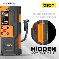 Bson Turbo Jump Starter with Air Inflator – 6-in-1 Emergency Kit, 12000mAh Battery, 150 PSI Compressor, Power Bank, Flashlight, Smart Clips & Storage-Ideal for Outdoor & Travel Use