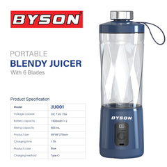 Byson Portable Blendy Juicer-600ML Capacity, 3000mAh Battery, Powerful 6 Blades for Smoothies, Juices & Shakes On-the-Go