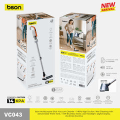 Bson Multipurpose Stick Vacuum Cleaner - 14KPa High Suction, Wet Cleaning with Detachable Water Tank, 110W Brushless Motor, LED Headlight, Digital Display, 25-30 Min Runtime
