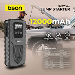 Bson Survival Jump Starter, New 4 in 1 Emergency Jump Starter with Nice Compass Design, 12000mAh Capacity with Power Bank, LED Lighting, Distress signal, & Glass Hammer, with Wide Digital Display, 2 USB-A Output & 1 Type-C Input