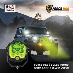 FORCE USA 5-Inch Round Work Lamp with 9 LED Bulbs, Bright Yellow Light, Universal Mount for All Vehicles – Durable Off-Road Lighting