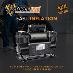ضاغط هواء مزدوج الأسطوانة من FORCE USA عالي التحمل - قوة أسطوانتين، خرج عالي، مقياس ضغط، حماية من الحرارة الزائدة، محمول وموثوق