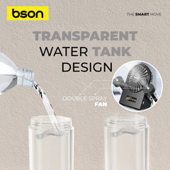 Bson Water Jet Table Fan- 90° Spray Rotation, 4 Fan Modes, Dual Mist Spray, Cool Air Function, Powerful Wind, Type-C Charging, Storage Tank, & LED Display