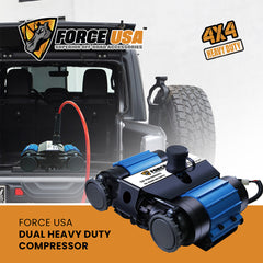 ضاغط هواء مزدوج الأسطوانات من Force USA، نظام هواء مدمج مع نفخ سريع، دورة عمل 24 ساعة، خرج ضغط عالي، وصلات سريعة وسهولة التركيب