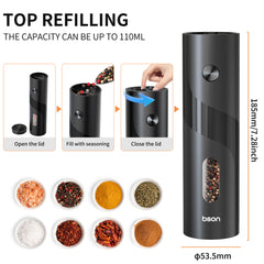 Bson Electric Pepper Grinder, 25W High Power Spices Grinder, with 110ml Capacity, LED Light, & Long Usage Time, Smart Grinder Used for Pepper, Salt, Chilies, Cardamon, Cloves & Other Spices