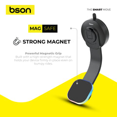 Bson Wireless LED Phone Holder – 15W Fast Wireless Charging, MagSafe Compatible, 360° Rotation, Strong Suction, One-Hand Operation, USB-A to Type-C Cable Included