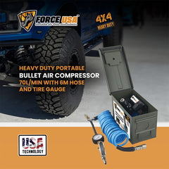 ضاغط هواء قوي محمول من Force USA، بقوة 70 لتر/دقيقة مع خرطوم بطول 6 أمتار ومقياس ضغط مدمج للإطارات من أجل نفخ سريع واستخدام على الطرق الوعرة