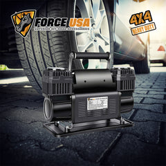 ضاغط هواء مزدوج الأسطوانة من FORCE USA عالي التحمل - قوة أسطوانتين، خرج عالي، مقياس ضغط، حماية من الحرارة الزائدة، محمول وموثوق
