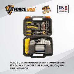 ضاغط هواء قوي بقوة 12 فولت من فورس يو إس إيه، منفاخ إطارات مزدوج الأسطوانات للشاحنات وسيارات الدفع الرباعي والمركبات على الطرق الوعرة، مضخة إطارات محمولة عالية التحمل