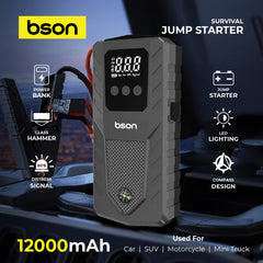 Bson Survival Jump Starter, New 4 in 1 Emergency Jump Starter with Nice Compass Design, 12000mAh Capacity with Power Bank, LED Lighting, Distress signal, & Glass Hammer, with Wide Digital Display, 2 USB-A Output & 1 Type-C Input