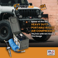 ضاغط هواء قوي محمول من Force USA، بقوة 70 لتر/دقيقة مع خرطوم بطول 6 أمتار ومقياس ضغط مدمج للإطارات من أجل نفخ سريع واستخدام على الطرق الوعرة