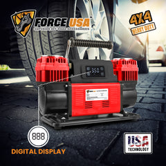 FORCE USA Digital Heavy Duty Double Cylinder Air Compressor – Red | High Power Output, Digital Display, Portable Design, Safety Features – Ideal for Off-Road, Car, and Outdoor Use