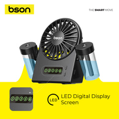 Bson Water Jet Table Fan- 90° Spray Rotation, 4 Fan Modes, Dual Mist Spray, Cool Air Function, Powerful Wind, Type-C Charging, Storage Tank, & LED Display