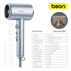 Bson Blowster Hair Dryer, 1800W Professional Hair Dryer, with LCD Display, Overheat Protection, Smart Cool Shot Button, & 1 Nozzle Accessory, with 2 Blowing Speeds & 3 Heat Settings, 1.8M Thick Wire, for Women Men Home Travel & Salon