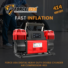 FORCE USA Digital Heavy Duty Double Cylinder Air Compressor – Red | High Power Output, Digital Display, Portable Design, Safety Features – Ideal for Off-Road, Car, and Outdoor Use