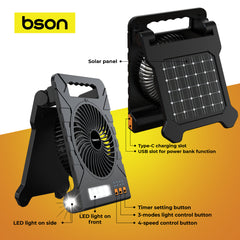 Bson 3 in 1 Solar LED Fan, 4 Speed Cooling Fan with 3 Light Modes & Power Bank, with Smart Timed Shutdown, Flashlight, Solar & Type-C Charging, & USB Output, Ideal for Home, Travel, Camping, & Outdoor Use