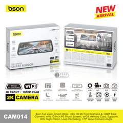 مرآة ذكية كاملة الرؤية من بي سون، كاميرا أمامية فائقة الدقة 2K وكاميرا خلفية 1080 بكسل، مع شاشة لمس IPS مقاس 10 بوصات، وبطاقة ذاكرة 64 جيجابايت، وتدعم واي فاي، ورؤية ليلية، وتسجيل متكرر، وزاوية كاميرا واسعة 170 درجة