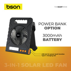 Bson 3 in 1 Solar LED Fan, 4 Speed Cooling Fan with 3 Light Modes & Power Bank, with Smart Timed Shutdown, Flashlight, Solar & Type-C Charging, & USB Output, Ideal for Home, Travel, Camping, & Outdoor Use