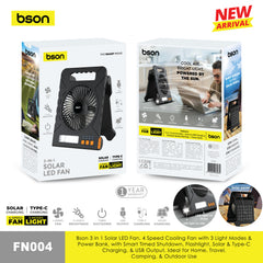 Bson 3 in 1 Solar LED Fan, 4 Speed Cooling Fan with 3 Light Modes & Power Bank, with Smart Timed Shutdown, Flashlight, Solar & Type-C Charging, & USB Output, Ideal for Home, Travel, Camping, & Outdoor Use