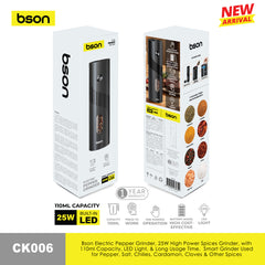 Bson Electric Pepper Grinder, 25W High Power Spices Grinder, with 110ml Capacity, LED Light, & Long Usage Time, Smart Grinder Used for Pepper, Salt, Chilies, Cardamon, Cloves & Other Spices