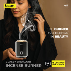 BSON Classy Bhukoor Incense Burner, designed to diffuse rich bhukoor fragrance with elegance and ease. 15 uses per recharge, 90 Sec auto shut-off, 500o temperature with rotatable LID and type-C charging