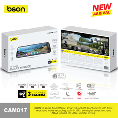 BSON Tri-Sense Smart Mirror, Smart 10-inch IPS touch mirror with front, rear, and inside recording, built-in GPS, blind spot detection, and ADAS support for safer, smarter driving.