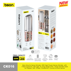 BSON Gravity Spice Grinder, 25W High-Power Electric Spice Grinder with Built-in LED Light, 176ml Capacity, One-Handed Operation, Stainless Steel Body, Flip-to-Work Design for Pepper, Salt, Chili & Spices