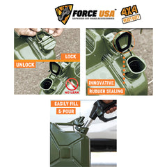 Force USA Steel Jerry Can, 5L / 10L / 20L Fuel Container, Heavy-Duty Leak-Proof Gas Can with Secure Cap, Ergonomic Handle & Powder-Coated Finish, Corrosion-Resistant Steel for Outdoor & Emergency Use