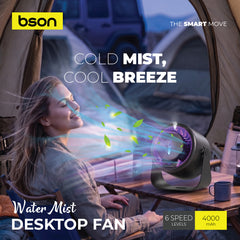 Bson Water Mist Desktop Fan – Ultra-Quiet Portable Desk Fan with Cool Ultrasonic Fine Mist Spray, Adjustable Airflow & Compact Personal Cooling for Home, Office, Workstation & Bedside