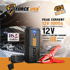 FORCE USA 10000mAh Jump Starter with Power Bank 12V-1000A Peak Current Safe Clamp 3 LED Flashlight Modes Portable Battery Booster for Up to 5.0L Gas & 3.5L Diesel Engines