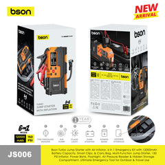 Bson Turbo Jump Starter with Air Inflator – 6-in-1 Emergency Kit, 12000mAh Battery, 150 PSI Compressor, Power Bank, Flashlight, Smart Clips & Storage-Ideal for Outdoor & Travel Use