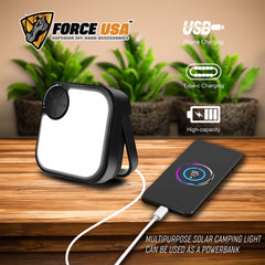 Force USA Multipurpose Solar Camping Light, Rechargeable LED Lantern with Power Bank, White & Warm Light With Emergency Flashlight, Solar & USB Charging, Portable for Outdoor, Hiking, Tent, and Emergency Use