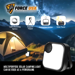 Force USA Multipurpose Solar Camping Light, Rechargeable LED Lantern with Power Bank, White & Warm Light With Emergency Flashlight, Solar & USB Charging, Portable for Outdoor, Hiking, Tent, and Emergency Use
