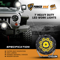 FORCE USA CYCLON 7″ LED Light Spot – Heavy Duty, White Beam, Flood Pattern, High Lumens, Fast Heat Dissipation, Amber & Black Covers Included (Set of 2)