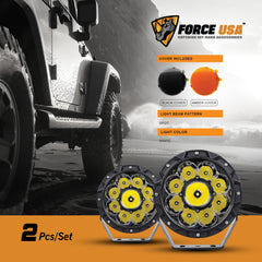 FORCE USA CYCLON 7″ LED Light Spot – Heavy Duty, White Beam, Flood Pattern, High Lumens, Fast Heat Dissipation, Amber & Black Covers Included (Set of 2)