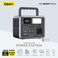 Bson Power Hub Power Station with PD 100W Type-C fast charging, 4 recharge methods AC, car, solar, Type-C, multiple output ports, LED light, and cigarette lighter cable. A compact, portable power solution ideal for camping and outdoor use.