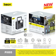 Bson Power Hub Power Station with PD 100W Type-C fast charging, 4 recharge methods AC, car, solar, Type-C, multiple output ports, LED light, and cigarette lighter cable. A compact, portable power solution ideal for camping and outdoor use.