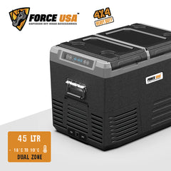 FORCE USA 45L Portable Dual Zone Fridge – Dual Compartment Car Fridge Freezer, -18°C to 10°C, Touch Control, USB Port, LED Light, Battery Protection – Ideal for Camping, Travel & Outdoor Use (No Tyres)