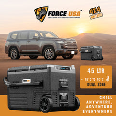 ثلاجة محمولة سعة 45 لترًا - تحكم باللمس في درجة الحرارة، منفذ USB، إضاءة LED، حماية البطارية، نطاق تبريد من 20 درجة مئوية إلى -18 درجة مئوية - مثالية للسيارة والتخييم والسفر والاستخدام في الهواء الطلق