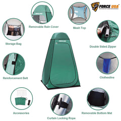Force USA Green Portable Pop Up Shower Tent Spacious Changing Room for Camping, Hiking, Beach, Toilet, Shower, Bathroom