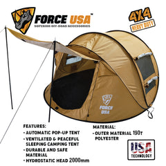 FORCE USA Pop-Up Camping Tent – Automatic Setup, Waterproof & Sunproof, Ventilated Design, Durable 190T Polyester, Hydrostatic Head 2000mm – For 2-3 Person Outdoor Use