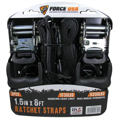 FORCE USA Ratchet Tie Down Kit – 2 Pcs/Set, Heavy-Duty Straps with Hooks for Secure Cargo