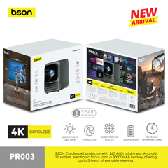 BSON Cordless 4K projector with 260 ANSI brightness, Android 11 system, electronic focus, and a 30000mAh battery offering up to 3 hours of portable viewing.