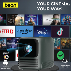 BSON Cordless 4K projector with 260 ANSI brightness, Android 11 system, electronic focus, and a 30000mAh battery offering up to 3 hours of portable viewing.
