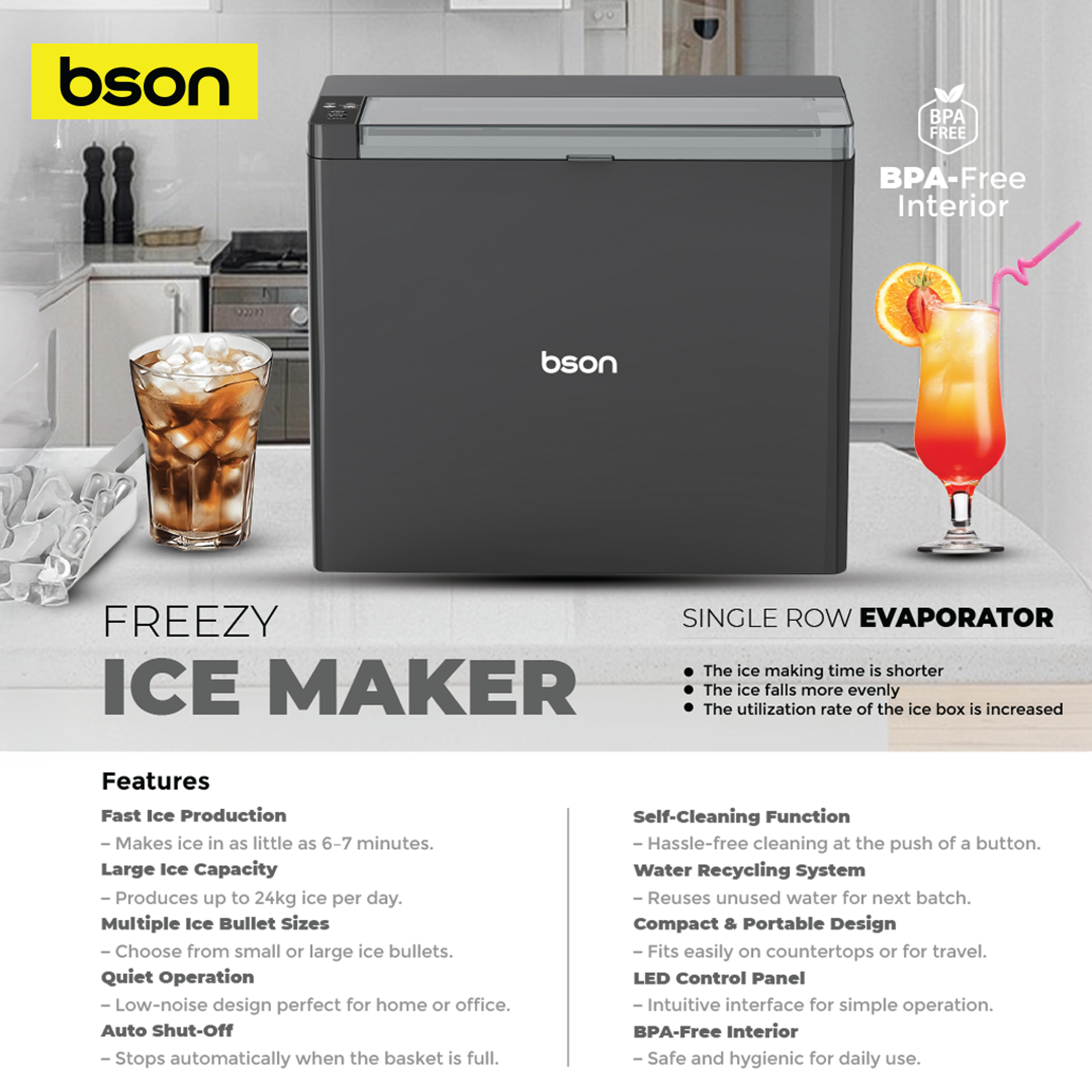 Freezy Ice Maker – Countertop Ice Machine with Multiple Bullet Ice Sizes, 6–7 Minute Quick Cycle, 9 Ice Bullets per Batch, Large Capacity, Auto Shut-Off, Quiet Operation