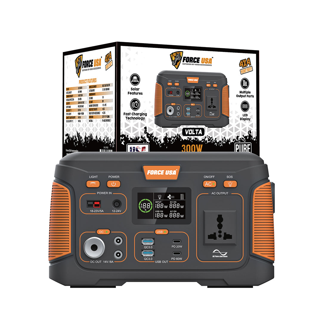Force USA Portable power station 300W Pure Sine Wave With Multiple Output Ports, LED Display & Solar Charging Features for  camping and outdoor activities