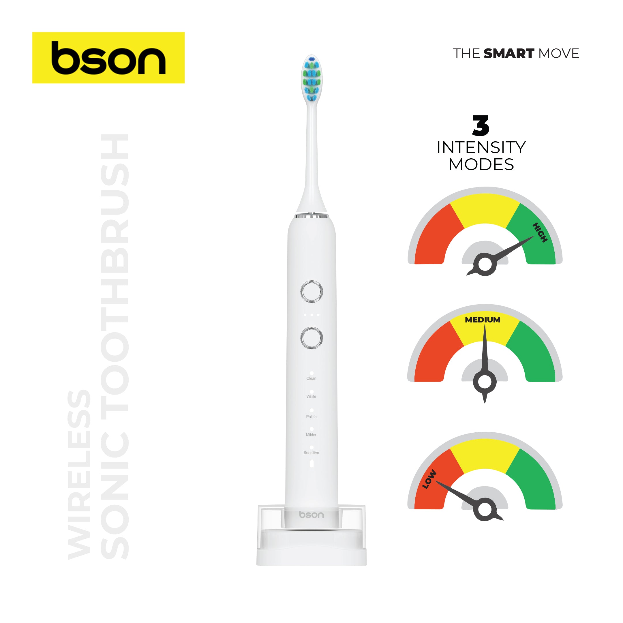 Bson Wireless Sonic Toothbrush With 60-Day Battery Life, 10X Better Whitening, Wireless Charging, 34,000–40,000 SPM & IPX7 Waterproof