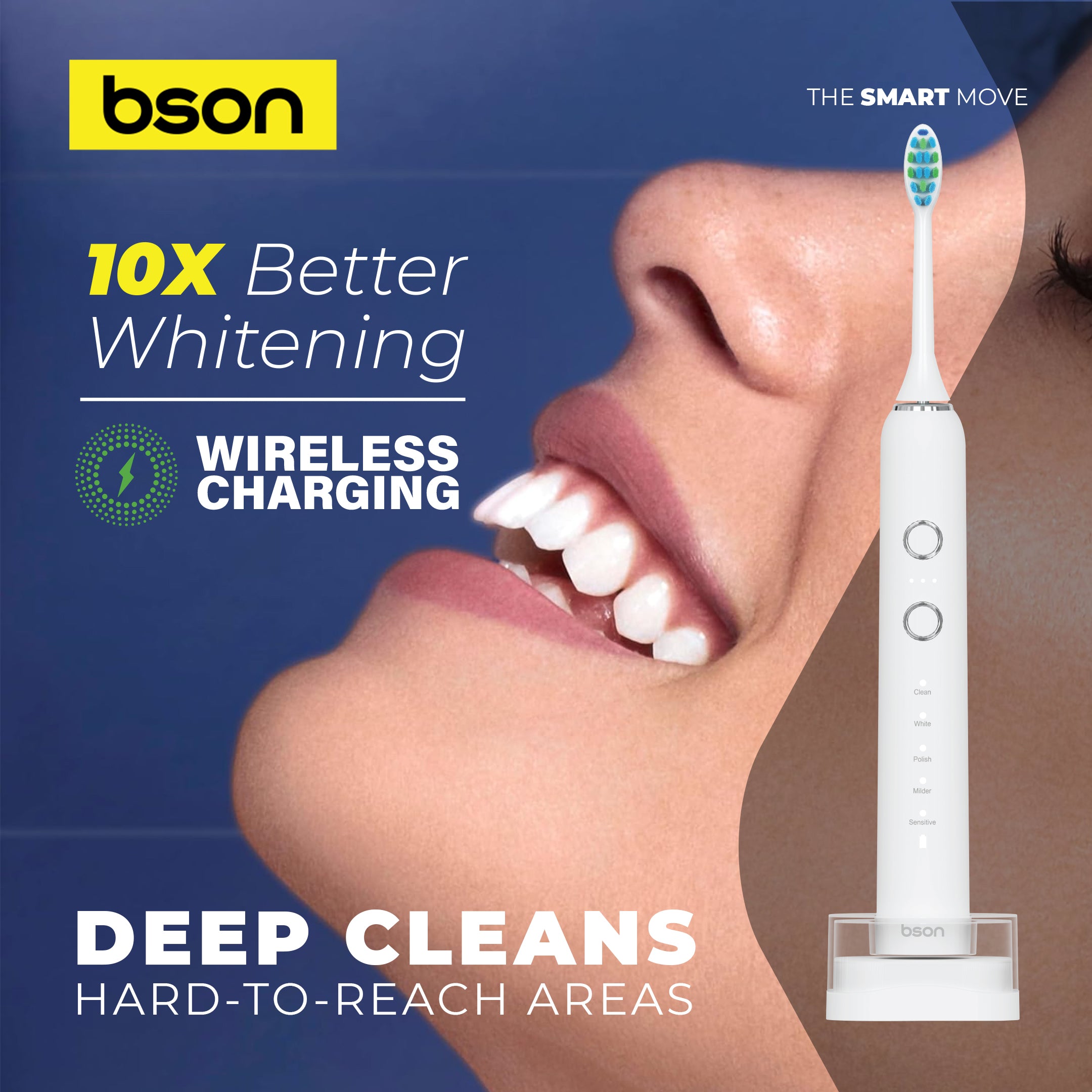 Bson Wireless Sonic Toothbrush With 60-Day Battery Life, 10X Better Whitening, Wireless Charging, 34,000–40,000 SPM & IPX7 Waterproof